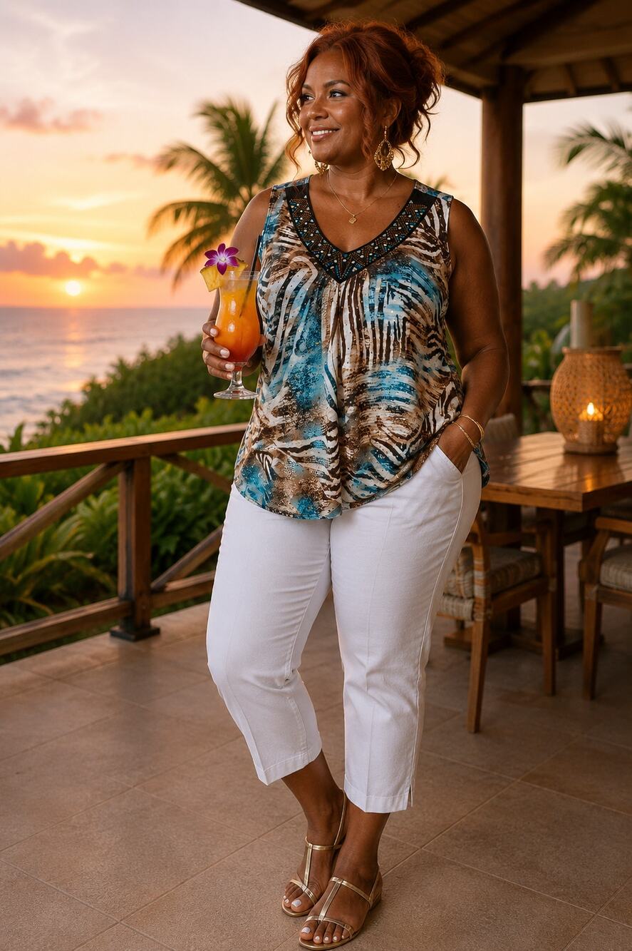 Animal Print Embellished Tank Top XL Resort Cruise Tropical Vacation Boho Glam